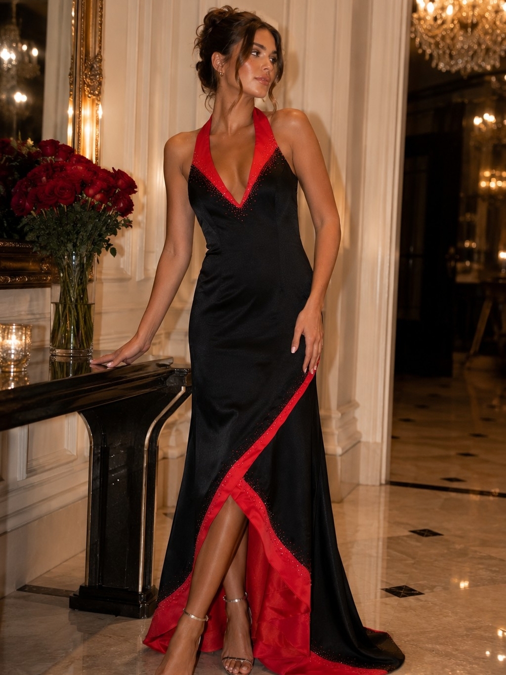 Vintage Alyce Designs Size 2 Black Red Halter Beaded Formal Evening Gown